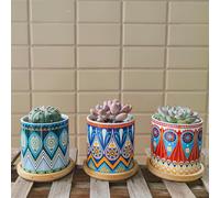 ASFASFq-Pots pour succulentes, Pot de Jardinage avec Drainage et Plateau en Bambou Petits Pots pour Plantes Cactus Mini Fleurs Pots avec Soucoupe Pots de Jardin, Lot de 3 (Mandala)