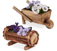 ASFASFq-relaxdays Bac pour Plantes, en Bois, Jeu de 2, brouette et Demi tonneau Fleurs