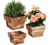 ASFASFq-relaxdays Pot à Fleurs en Jeu de 3, Bois flambé, pour extérieur et intérieur, carré, décoration pour Plantes, Nature