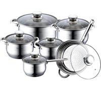 Asfasfq-Royalty Line, Ensemble De 12 Pièces, Batterie De Cuisine En Acier Inoxydable, Poêle À Frire Ø 24 Cm, Casseroles Ø 16, 18, 20, 24 Cm Avec Couvercles En Verre, Tous Feux, Argent