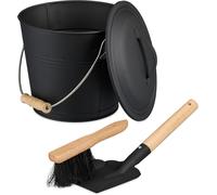 ASFASFq-Seau à Cendres, avec Couvercle, 4,5 litres, Pelle et balayette, Nettoyage pour la cheminée, Noir