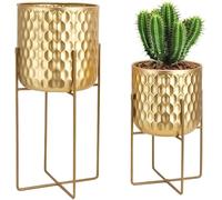 ASFASFq-Set de 2 Jardinières Métalliques Modernes avec Support 31cm & 45cm, Pots de Fleurs pour Intérieur/Extérieur, Décor Cuisine, Salon, Balcon, Patio (Or)