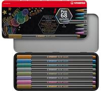 Asfasfq-Stabilo Feutre Métallisé Pen 68 Metallic- Boîte Métal 8 Feutres Dessin Métallisés Pointe Moyenne- Coloris Assortis (Avec Attache)