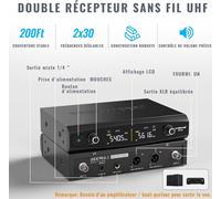 ASFASFq-Système de Microphone sans Fil UHF avec 2x30 fréquences, Ensemble de micros sans Fil en métal, 2 Packs de Corps et Casques/Microphones à Revers pour Karaoke, Chant, église, DJ (PTU-52-2B)