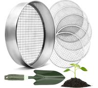 ASFASFq-Tamis de Jardin Rond 30 cm avec 5 Tamis interchangeables - Tamis à Compost en Acier Inoxydable pour la Terre, Le Compost, Les graines - Pelle de Jardin Incluse