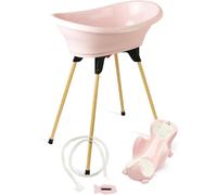 Asfasfq-Thermobaby - Pack Baignoire Bébé Vasco 5 En 1 - Baignoire, Pied En Bois, Tuyau De Vidange, Transat De Bain, Thermomètre - Rose Poudré - Pliable & Stable - Fabriqué En France