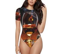 ASFgda Body à manches courtes et col rond pour femme Imprimé cigare et whisky Coupe ajustée T-shirt basique d'été, Noir , L