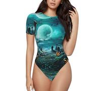 ASFgda Body à manches courtes et col rond pour femme, imprimé citrouille, cimetière, extensible, coupe ajustée, basique, Noir , XXL