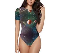 ASFgda Body à manches courtes et col rond pour femme, motif planète, espace, système solaire, extensible, coupe ajustée, basique, Noir , XXL