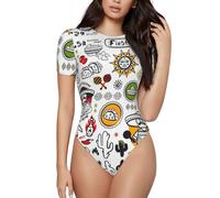 ASFgda Body mexicain imprimé symboles salsa à manches courtes et col rond extensible coupe ajustée basique pour l'été, Noir , XXL