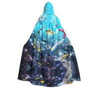 ASFgda Cape médiévale à capuche colorée 3D nature paysage de mer sous l'eau de poissons tropicaux imprimé Renaissance Cape, unisexe à capuche pour Halloween, Noël, costume de fête