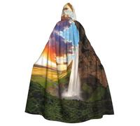 ASFgda Cape médiévale à capuche Islande, cascade, champ de rivière, coucher de soleil imprimé, cape de la Renaissance, cape à capuche unisexe pour Halloween, Noël, costume de fête
