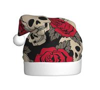 ASFgda Chapeau de Père Noël noir tête de mort avec roses imprimées chapeaux pour adultes, chapeau de Noël classique unisexe pour fête du Nouvel An