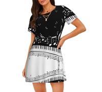 ASFgda Chemise de nuit noire et blanche avec imprimé note de musique pour femme, pull de nuit, vêtements de nuit doux, manches courtes, ample et confortable, taille S à XXL, Noir , XL