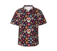 ASFgda Chemise hawaïenne mexicaine à manches courtes pour homme - Imprimé tête de mort tropicale - Haut d'été décontracté avec poche, Noir , XL
