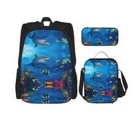 ASFgda Ensemble sac à dos d'école imprimé monde sous-marin avec sac à déjeuner, trousse à crayons, durable, léger, grande capacité pour l'école et un usage quotidien