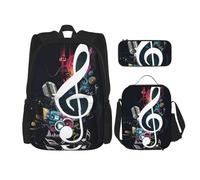 ASFgda Ensemble sac à dos d'école imprimé notes de musique avec sac à déjeuner, trousse à crayons, durable, léger, grande capacité pour l'école et un usage quotidien
