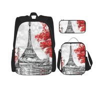 ASFgda Ensemble sac à dos d'école imprimé Paris avec sac à déjeuner et trousse à crayons, durable, léger, grande capacité pour l'école et un usage quotidien