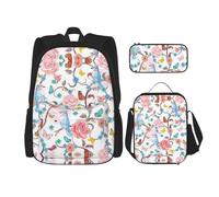 ASFgda Ensemble sac à dos romantique avec imprimé floral, oiseaux, papillons, sac à déjeuner, trousse à crayons, durable, léger, grande capacité pour l'école et un usage quotidien