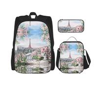 ASFgda Magnifique ensemble sac à dos d'école imprimé Tour Eiffel Paris avec sac à déjeuner et trousse à crayons, durable, léger, grande capacité pour l'école et un usage quotidien