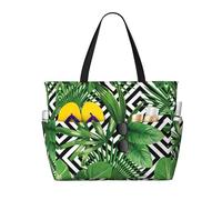 ASFgda Sac de plage avec imprimé feuilles vertes de palmier, sac de plage imperméable, résistant au sable, sac fourre-tout léger et pliable à fermeture éclair de grande capacité