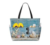 ASFgda Sac de plage imprimé coquillage étoile de mer, sac fourre-tout de plage imperméable, résistant au sable, grande capacité, léger, pliable, fermeture éclair