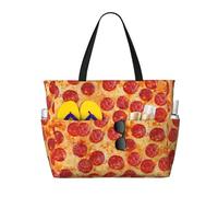 ASFgda Sac de plage imprimé pizza pepperoni 3D, sac fourre-tout de plage imperméable, résistant au sable, grande capacité, léger, pliable, avec fermeture éclair