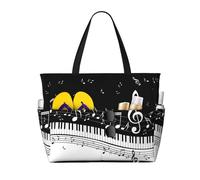 ASFgda Sac de plage noir et blanc imprimé notes de musique, sac fourre-tout de plage imperméable, résistant au sable, sac fourre-tout de grande capacité, léger et pliable avec fermeture éclair