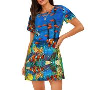 ASFgda The Underwater World Chemise de nuit à imprimé poissons tropicaux pour femme - Chemise de nuit douce à manches courtes - Chemise de nuit ample et confortable - Taille S à XXL, Noir , L