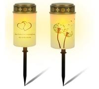 Asfrode Lot de 2 bougies funéraires solaires à LED avec 2 piquets - Lanterne funéraire solaire pour l'extérieur - Pour décoration funéraire - Souvenir - Blanc