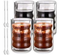 Asfrode Lot de 4 verres à latte macchiato à double paroi - 4 x 400 ml - Avec 4 cuillères en spirale - Tasses à expresso - Verres à cappuccino - Verres thermiques en verre borosilicate pour thé et lait
