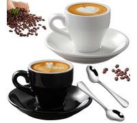 Asfrode Lot de Tasses à Espresso en Porcelaine avec sous-Tasse et Mini-Cuillères en Acier Inoxydable, 2 Pièces 80 ML, Paroi Extra-Épaisse pour Café Moka Macchiato Thé Espresso