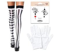 ASFWAGQ Costume de clown d'horreur pour femmes adultes - Ensemble de clown effrayant 3 pièces avec chaussettes, gants et visage en strass - Parfait pour mascarade, fête d'horreur et carnaval