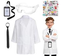 ASFWAGQ Costume de scientifique pour enfants 5 pièces comprenant un manteau de laboratoire blanc, des lunettes, une carte d'identité, des autocollants de dessin animé et une cravate pour la semaine