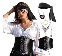 ASFWAGQ Lot de 7 accessoires de costume de pirate pour femme - Chapeau de pirate noir - Cache-yeux de pirate - Accessoire de fête - Décoration pour carnaval, Noir , taille unique