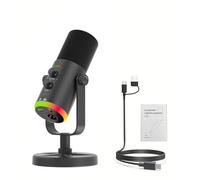 ASHATA Microphone Dynamique à Condensateur USB avec Commandes Tactiles, Réduction du Bruit ENC, Réglage de l'écho du Volume d'éclairage RVB pour Ordinateur Portable, Ordinateur de Bureau, (Black)