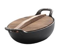 ASHATA Wok en Fonte, Poêle à Frire Pré-assaisonnée Non Revêtue de 12,6" avec Double Poignée et Couvercle en Bois Lourd, pour Four, Cuisinière, Gril, Feu de Camp, Cuisine Intérieure et (32 cm / 12,6