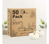 Ashlux Lot de 50 bougies chauffe-plat en cire de soja, sans odeur, sans fumée et sans paraffine, 4 heures de combustion, avec coque en acrylique pour Noël, mariage, fête et décoration