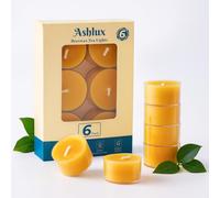 Ashlux Lot de 6 Bougies Chauffe-Plat en Cire d’Abeille Naturelle Jaune, 6 Heures de Combustion Propre, Sans Parfum, Godet Transparent - Décoration pour Noël, Mariage et Maison