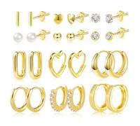 ASH'S CHOICE 12 Pcs Boucles Doreilles Créoles Femme Acier Inoxydable Piercing Oreille Cartilage Helix, S925/Plaqué Or 14 Carats