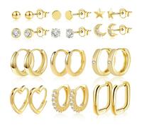 ASH'S CHOICE 12 Pcs Boucles Doreilles CréolesFemme Acier Inoxydable Piercing Oreille Cartilage Helix, S925/Plaqué Or 14 Carats