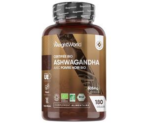 Ashwagandha Bio - 180 Gélules Vegan pour 6 Mois - Ginseng Indien Riche en Withanolides avec Piperine - Extrait de Poudre d'Ashwagandha (Aswaganda Withania Somnifera) et Poivre Noir Bio (Piper Nigrum)