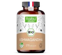 Ashwagandha BIO - 270 Gélules - Extra Fort : 2400 mg/jour - Ashwagandha Biologique Certifiée (Ginseng Indien/Withania Somnifera) - Sans Additifs, Végétalien - Pour votre Bien-être - Raibu