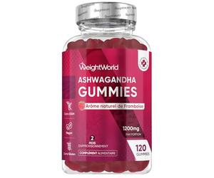 Ashwagandha Gummies 1200mg, 120 Gommes Vegan Ashwagandha au Goût Framboise, Ginseng Indien Withania Somnifera pour 2 Mois - Alternatives aux Gélules et Comprimés