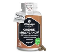 Ashwagandha KSM-66®, 5000 mg d’Ashwagandha pure, 500 mg d’Extrait (10-15:1), 5% Withanolides, 90 Gélules Véganes, Extrait de Racine, Haute Biodisponibilité, Vitamaze