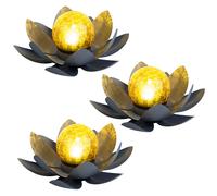 Asia Garten Lotusblüte Deko Fleur de lotus solaire pour l'extérieur Lampe de jardin Luminaires décoratifs, verre craquelé Feuilles métalliques grises, 1x LED, D 25 cm, lot de 3