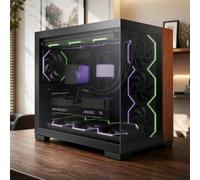 AsiaHorse Scutum Ultra ATX Boîtier PC Panorama Mid Tower avec 6 ventilateurs Nyota Pro Reverse ARGB et hub Umbra, ATX Back-Connect, accent décor bois, radiateur 360 mm, Type-C 20 Gbit/s, noir