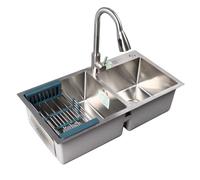 Asixxsix Évier de cuisine à encastrer, 2 bacs, en acier inoxydable 304, 3 trous, facile à nettoyer, avec robinet extractible, égouttoir et distributeur de savon.