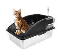 Asixxsix Litière pour Chat en Acier Inoxydable, 23.62x15.75x11.81 Pouces Extra Large Top Entrée Haut-Face Bac à Litière en Métal Anti Fuite D'urine De Bâton Non Facile à Nettoyer avec (Black)