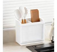 Asixxsix Porte-Ustensiles de Cuisine avec 2 Compartiments, Pots à Ustensiles de Cuisine Muraux avec égouttoir Inférieur Amovible, Support à D'angle en Plastique pour Argenterie, (Blanc Transparent)